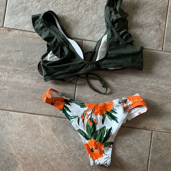Olive and Floral Ruffle Lace Up Bikini - Picture 3 of 5